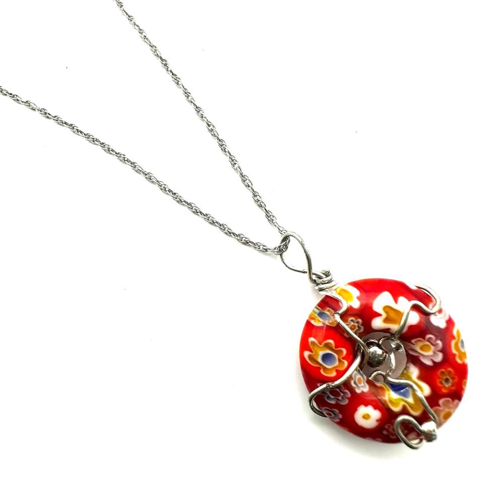 Millefiori Donut Glass Necklace Red Flower Wire Wrapped Pendant Boho Silver tone